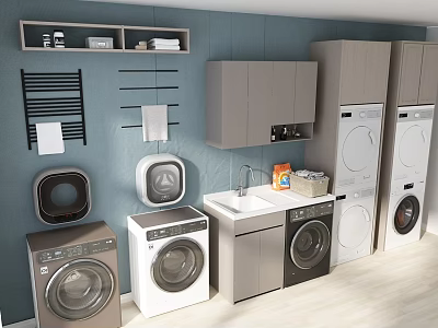 Modern Laundry Room With Washing Machines Dryers Sink Cabinets And Shelves 3d model