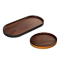 Walnut Wood Decorative Tray Set With Oval And Round Shapes For Home
