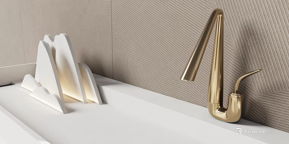 Modern Washbasin Design With Golden Faucet White Countertop And Textured Wall 3d model 