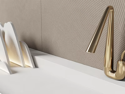 Modern Washbasin Design With Golden Faucet White Countertop And Textured Wall 3d model