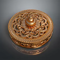 Golden Round Decorative Box With Intricate Carved Patterns For Home Decor