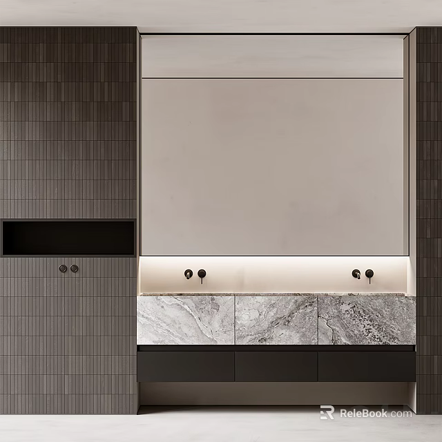 Elegant Bathroom Vanity With Large Mirror Marble Countertop And Tiled Walls 3d model