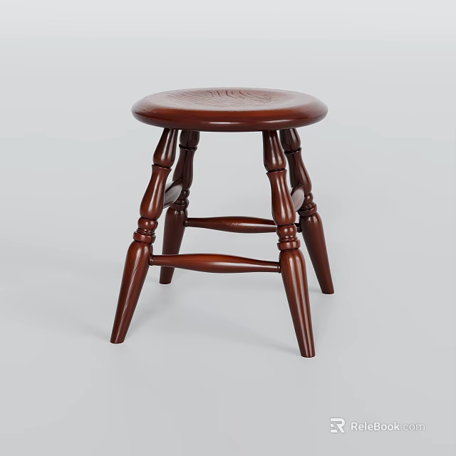 Traditional Wooden Stool With Dark Brown Round Seat And Carved Decorative Legs 3d model 