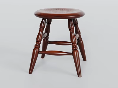Traditional Wooden Stool With Dark Brown Round Seat And Carved Decorative Legs 3d model