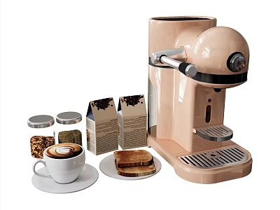 Pink Kitchen Coffee Machine With Coffee Cup Sandwiches Jars And Packets 3d model