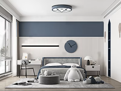 Cozy Kids Room Interior With Blue Striped Walls Round Clock Bed Desk And Stuffed Toys 3d model