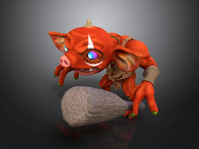 Red Pig Like Creature With Horn Large Ears And Colorful Eyes Holding Stone Hammer 3d model