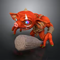 Red Pig Like Creature With Horn Large Ears And Colorful Eyes Holding Stone Hammer