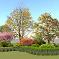 Colorful Garden Flowers And Trees With Purple Blossoms Green Shrubs And Lawn