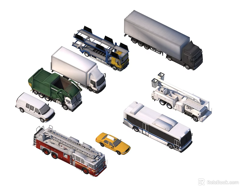 Various Types of Utility Vehicles Including Fire Truck Ambulance Bus and Trucks 3d model 