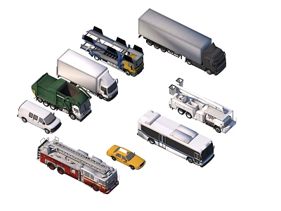 Various Types of Utility Vehicles Including Fire Truck Ambulance Bus and Trucks 3d model