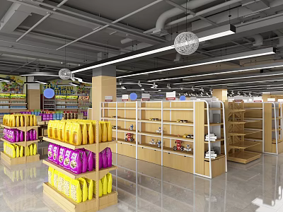 Well Stocked Supermarket Interior With Shelves Yellow Purple Packages And Various Products 3d model
