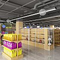 Well Stocked Supermarket Interior With Shelves Yellow Purple Packages And Various Products