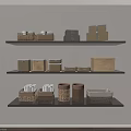Storage Baskets With Woven Fabric Designs In Neutral Tones On Multi Layer Shelves 3d model