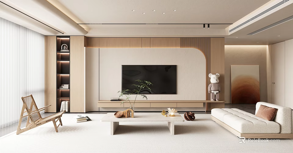 Modern Living Room Interior Design With Wooden TV Wall TV Stand And Coffee Table Sofa Green Plant 3d model 