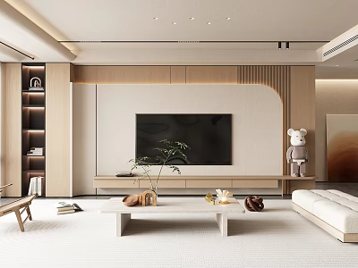 Modern Living Room Interior Design With Wooden TV Wall TV Stand And Coffee Table Sofa Green Plant 3d model