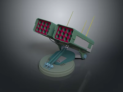 Green Weapon System Featuring Multiple Red Launch Tubes Yellow Antennas And Circular Base 3d model