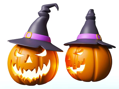 Lit Jack o Lanterns With Black Witch Hats Purple Bands And Golden Buckles 3d model