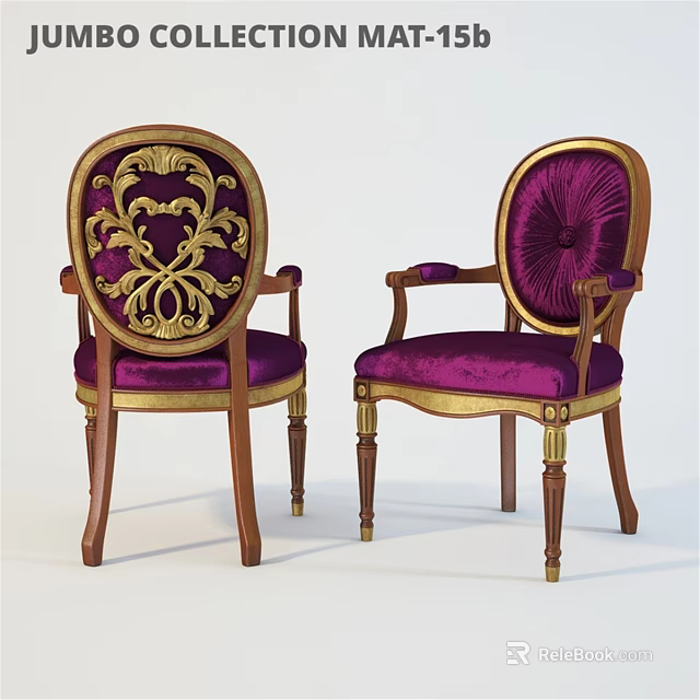 Ornate Single Chair with Purple Velvet Upholstery Golden Carved Backrest Wooden Armrests and Legs 3d model 