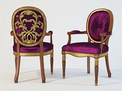 Ornate Single Chair with Purple Velvet Upholstery Golden Carved Backrest Wooden Armrests and Legs 3d model