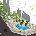 Commercial Urban Landscape With Outdoor Seating Umbrellas Trees And Pedestrians