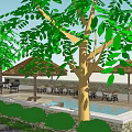 Outdoor Restaurant With Thatch Roof Poolside Palm Trees And Umbrella Seating