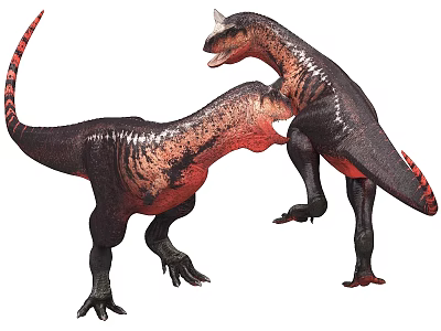 Two Realistic Red And Black Patterned Dinosaurs Interacting In Prehistoric Scene 3d model