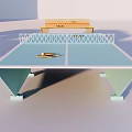 Modern Ping Pong Table With Metal Net And Ping Pong Paddles On Surface