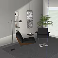 Modern Black Leather Leisure Chairs With Wooden Armrests Small Table Decorative Paintings And Green Plant