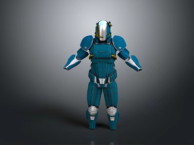 Futuristic Blue Armored Character with Helmet and Mechanical Armor Design 3d model