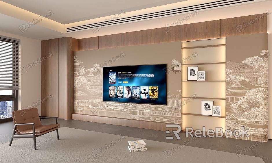 Modern minimalist TV cabinet TV background wall wind TV background leisure chair model