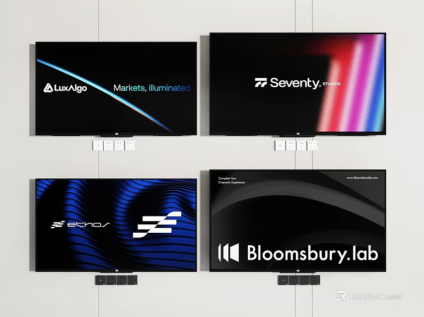 Modern Minimalist Televisions Display Lexugo Seventy Speed And Bloomsbury Lab Logos 3d model 