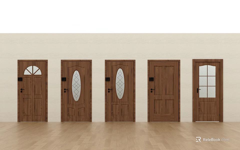 Wooden Hinged Doors With Various Glass Panel And Solid Designs For Interior Use 3d model