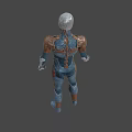 Game Movie Character With Silver Helmet Red Eye Dark Combat Suit And Brown Shoulder Armor