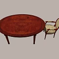 Classic Wooden Oval Dining Table and Armchair with Patterned Fabric Upholstery