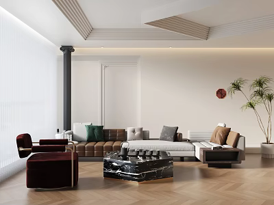 Modern Living Room Sofa and Coffee Table Set with Plush Cushions Marble Top and Plant 3d model