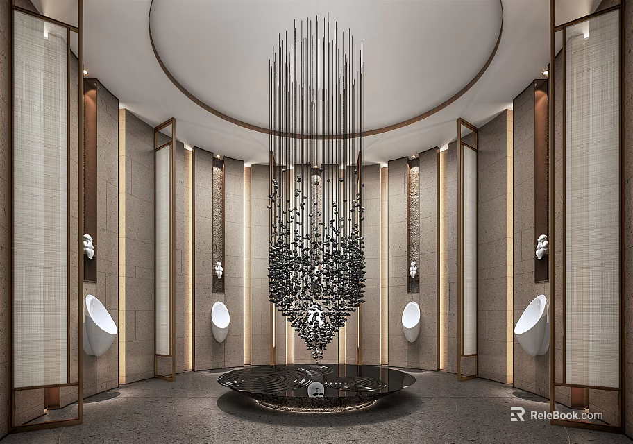 Modern Public Restroom Interior Design Featuring Chandelier And Urinal Facilities 3d model 