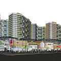 Vibrant Modern Commercial Street With Glass Canopy Large Digital Screen Greenery And Pedestrians