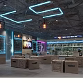 Modern Retail Display Space With Blue Purple Neon Lights Geometric Ceiling Industrial Style Wooden Tables And Shelves