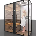 Modern Shower Sauna Interior Design With Wooden Bench Glass Door And Warm Lighting