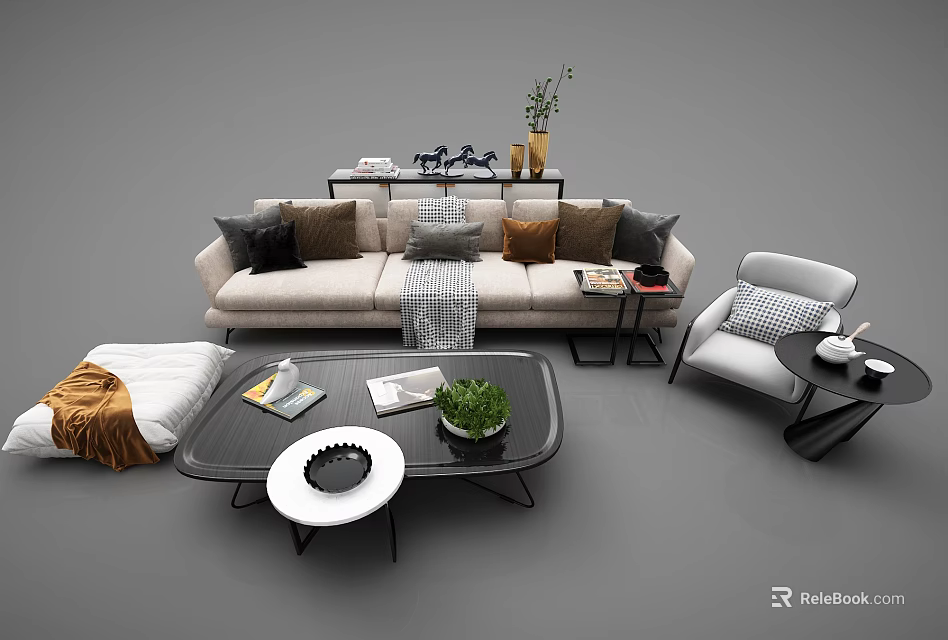 Modern Sofa And Coffee Table Set With Plush Pillows Side Table And Green Plants 3d model
