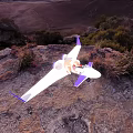 White And Purple Aircraft On Rocky Terrain With Green Vegetation