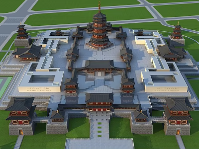 Ancient Chinese Architecture Complex Featuring Traditional Pagodas And Symmetrical Courtyard Design 3d model