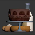Chocolate Cake Display With Milk Eggs Butter Flour and Orange Pastry on Blue Stand