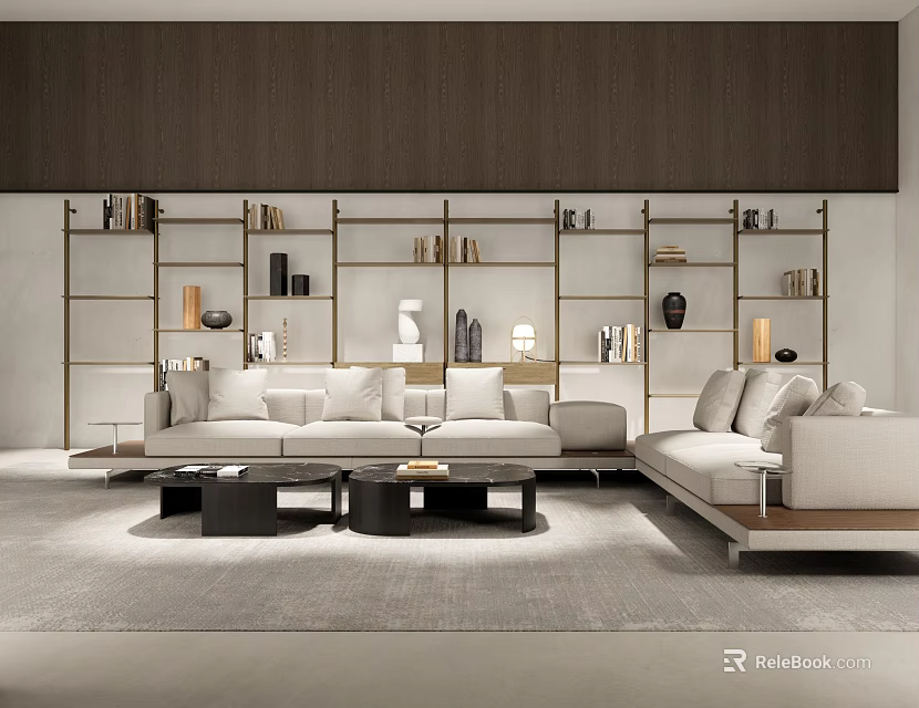 Modern Living Room Interior With Sofas Coffee Tables And Shelves 3d model