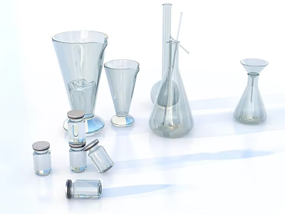 Clear Glass Medical Devices Including Beakers Conical Flasks Small Vials And Glass Bottles 3d model