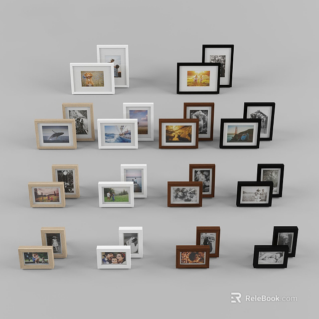 Various Photo Frames in Different Styles Colors Sizes with Photos Arranged on Gray Background 3d model 
