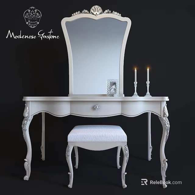 Modern White Vanity Table With Carved Legs Mirror Stool Candles And Photo Frame 3d model 