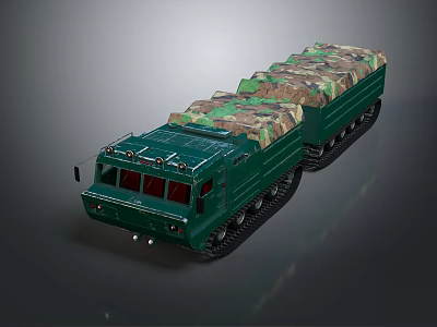 Green Heavy Duty Tracked Truck With Camouflage Covered Cargo Beds 3d model