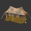 Vintage Torn Tent With Red Trim And Straw At The Bottom